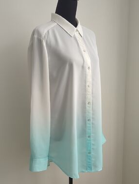 Chico's Ombre Cream And Teal Satin-Look Blouse